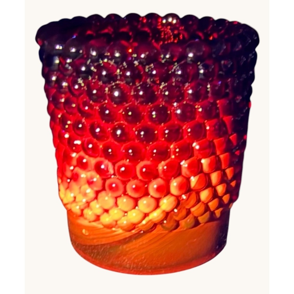 Vintage Crescent Glass Amberina Hobnail Votive Holder Cadmium Glow UV Reactive